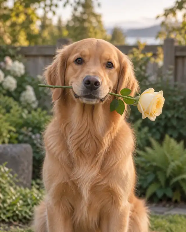 A golden retriever gently holding a pale yellow rose