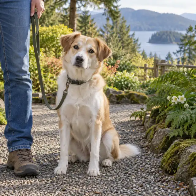 A calm dog looking attentively at its person